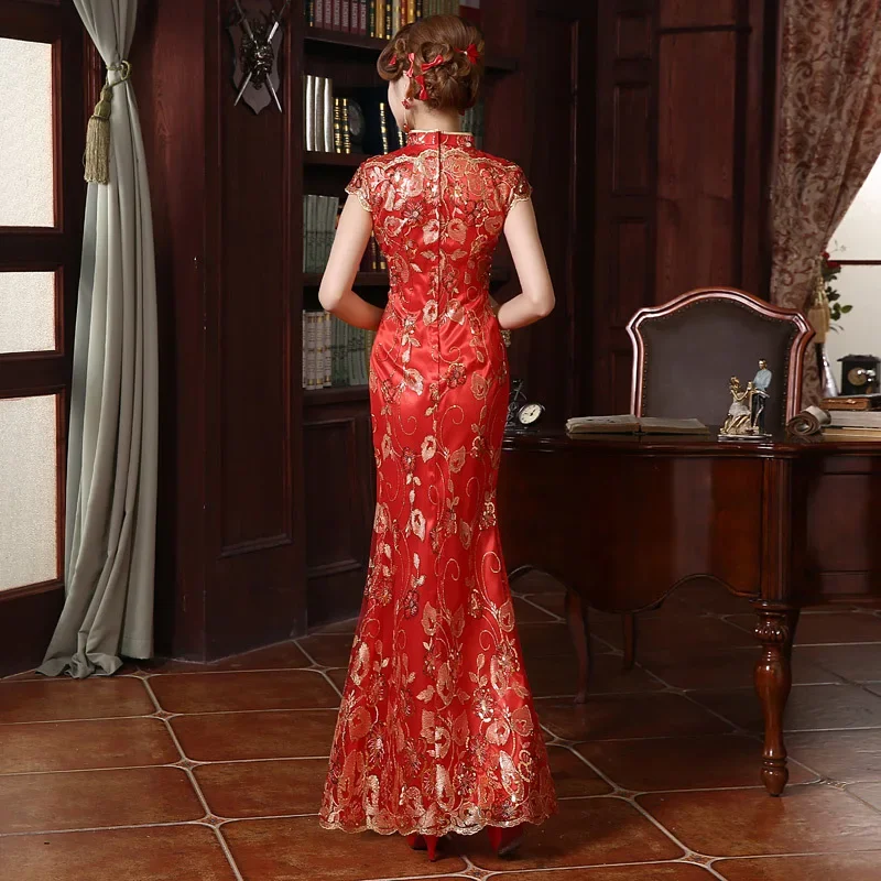 chinese new year women clothes embroidery long dress red chinese mermaid tail wedding party lace cheongsam qipao plus Size hanfu