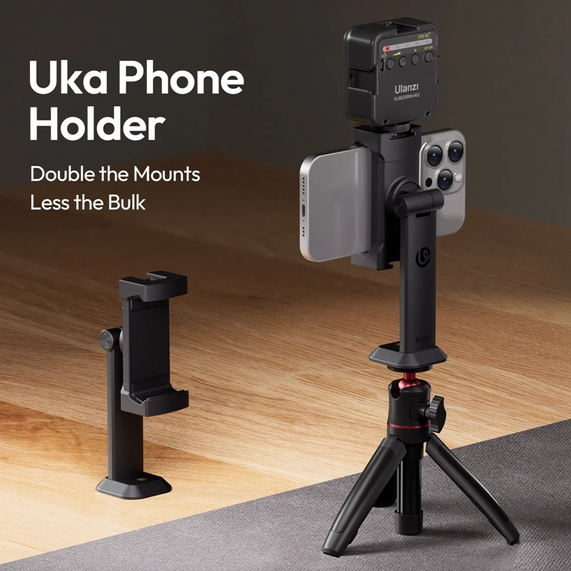 Ulanzi MA54 Uka Phone Holder with Dual Cold Shoe Mount for Monopod Desktop Tripod Selfie Stick Photography Phone Clamp Vlog Shot