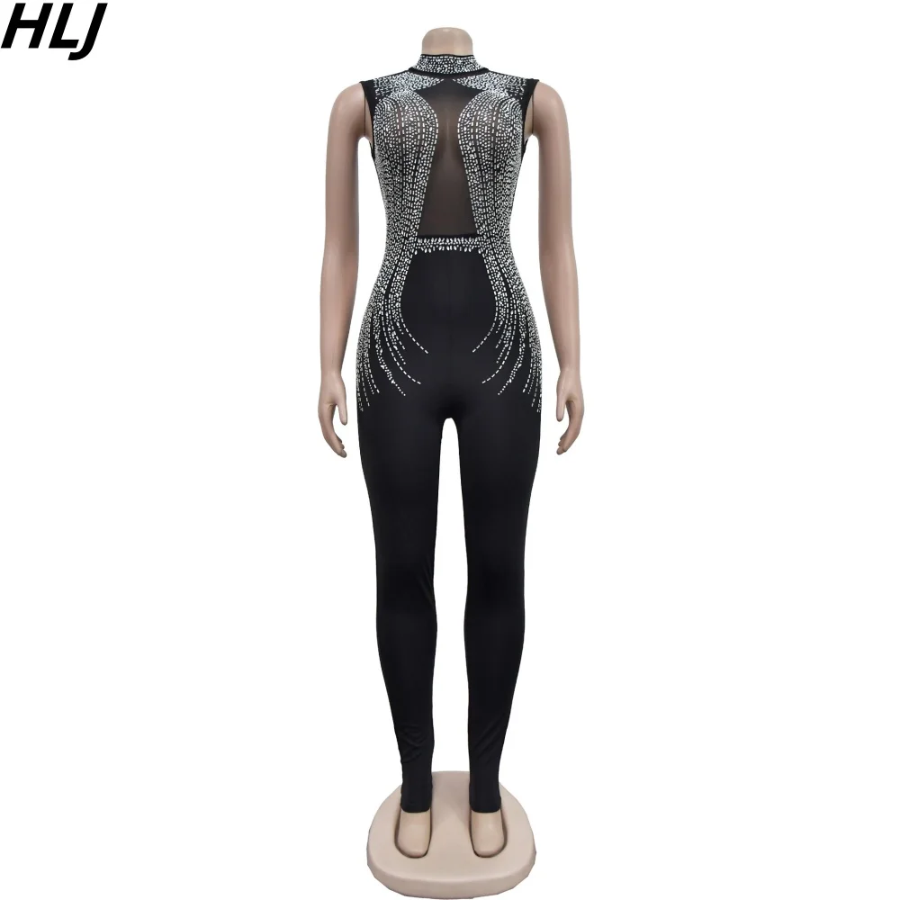 HLJ Fashion Mesh Perspective Rhinestones Bodycon Jumpsuits Women Round Neck Sleeveless Slim Playsuits Female Party Club Overalls