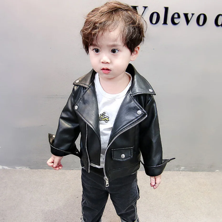 Kids Jackets Boys Leather Spring Autumn Solid Color Casual Style