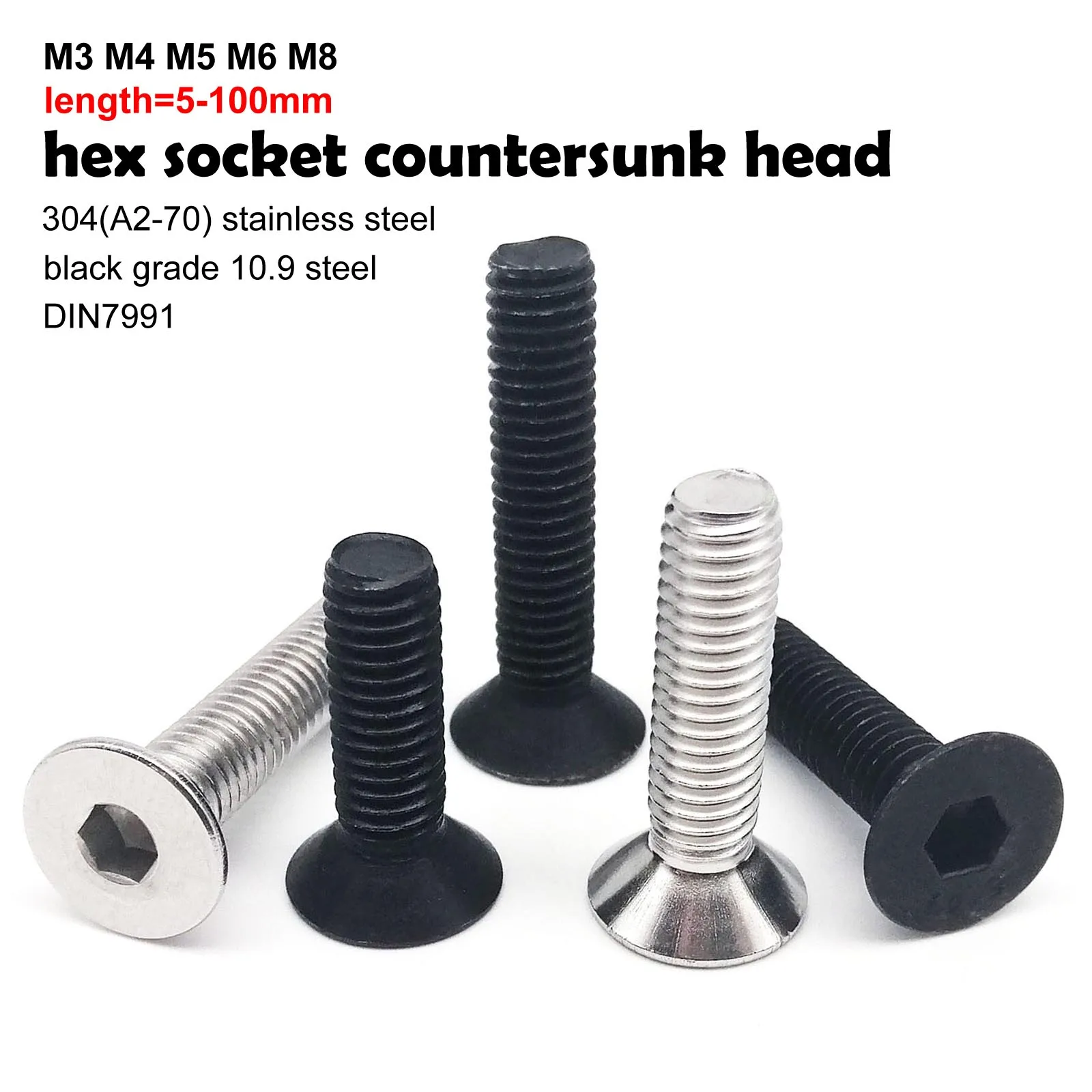 Hexagon Socket Screw M3 M4 M5 M6 M8 DIN7991 Grade 10.9 Steel 304 Stainless Steel Flat Countersunk Head Bolt 10/50pcs