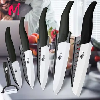 Set di coltelli in ceramica Coltelli da cucina 3 4 5 6 pollici Coltello da chef + pelapatate con supporto lama in zirconio bianco Manico multicolore 1