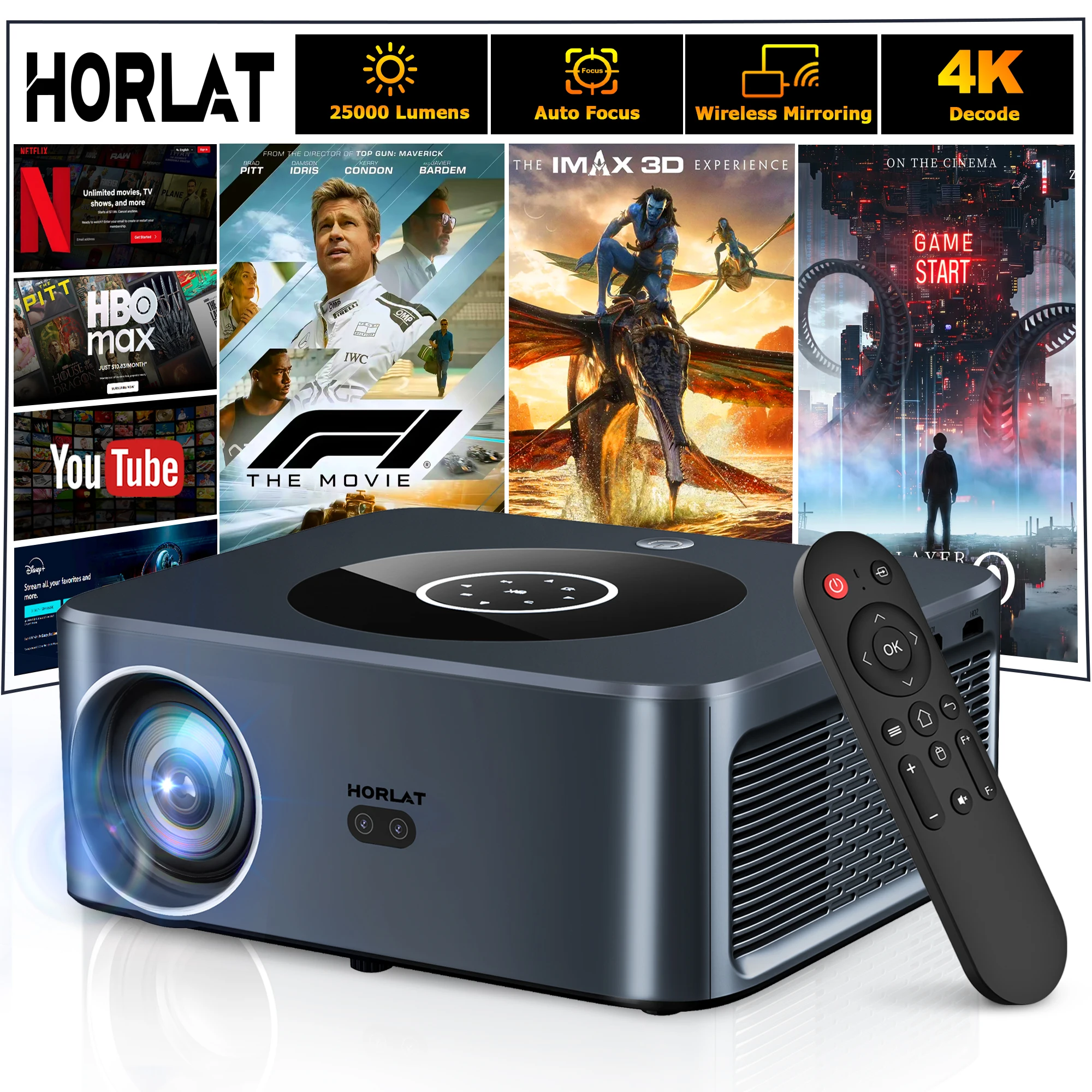 HORLAT LCD Android Projektor 25000 Lumen LED 4K Smart Home Theater Full HD Autofokus Native 1080P Bluetooth 5G WiFi Video Beamer