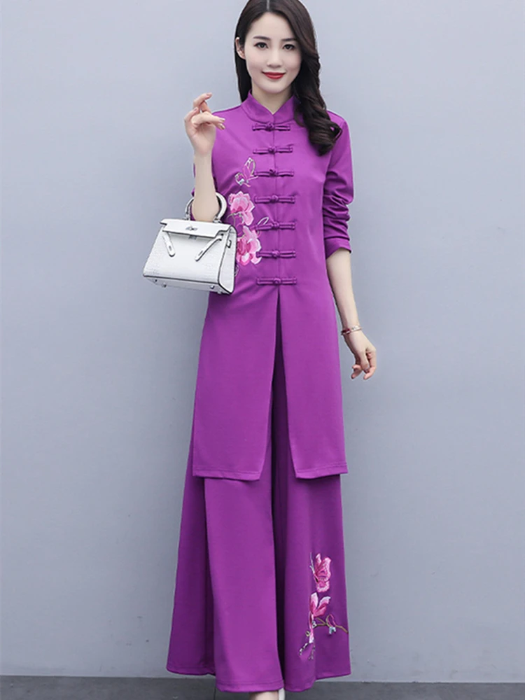 New Women Chinese Style Two Piece Set Women Fashion National Embroidered Wide Leg Pants Clothing Vintage Suit Qipao Dress