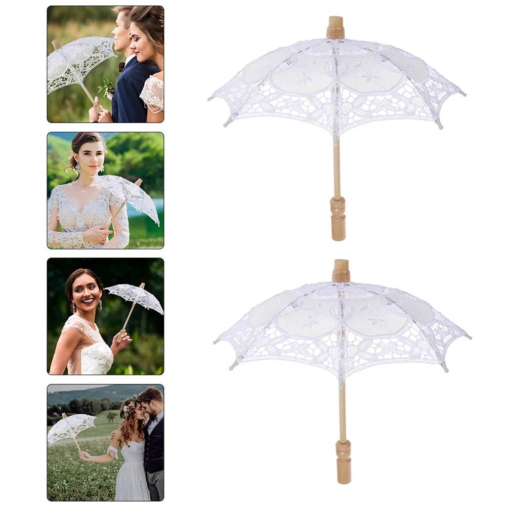 

2 Pcs Prop Umbrella Bride Lace Parasol for Girls Grace Vintage Cotton Wedding Bridal Veil Wood Handle Baby Black