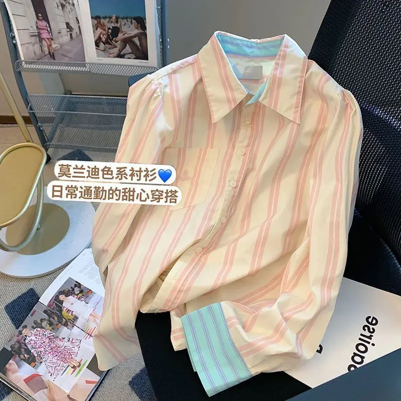 XEJ Contrast Striped Long Sleeved Shirt for Women Women's Summer Blouse Korean Style Oversized Shirt Women's Clothing 2024