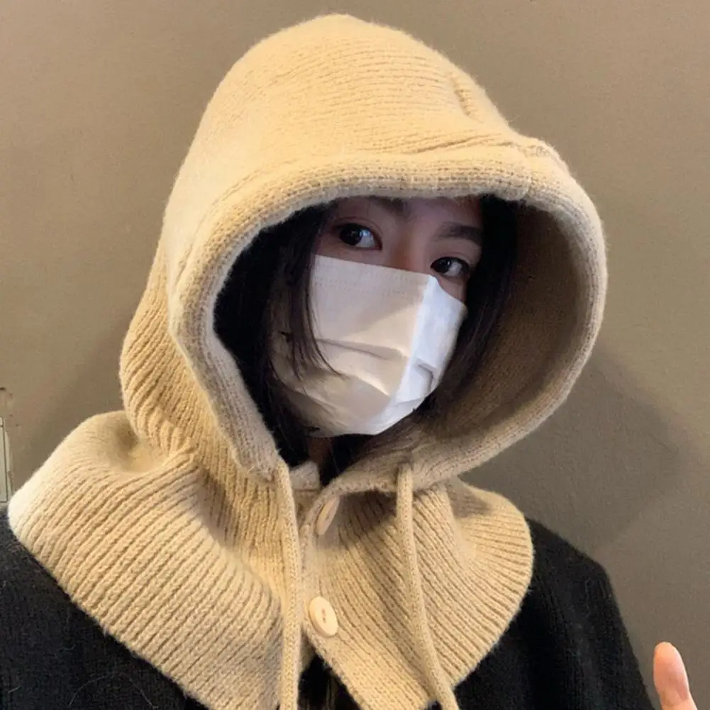 

Korean Balaclava Hat Winter Hats And Scarf Set With Botton Scarf Warm Neck Set Women Kid Knitted Wool Pullover Hat Gothic