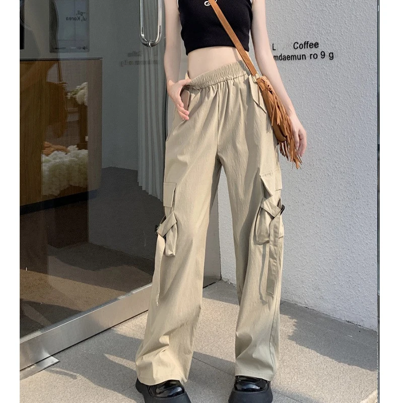 

2023 summer women vintage cargo pants drawstring elastic high waist design sense street fashion straight leg casual pants women