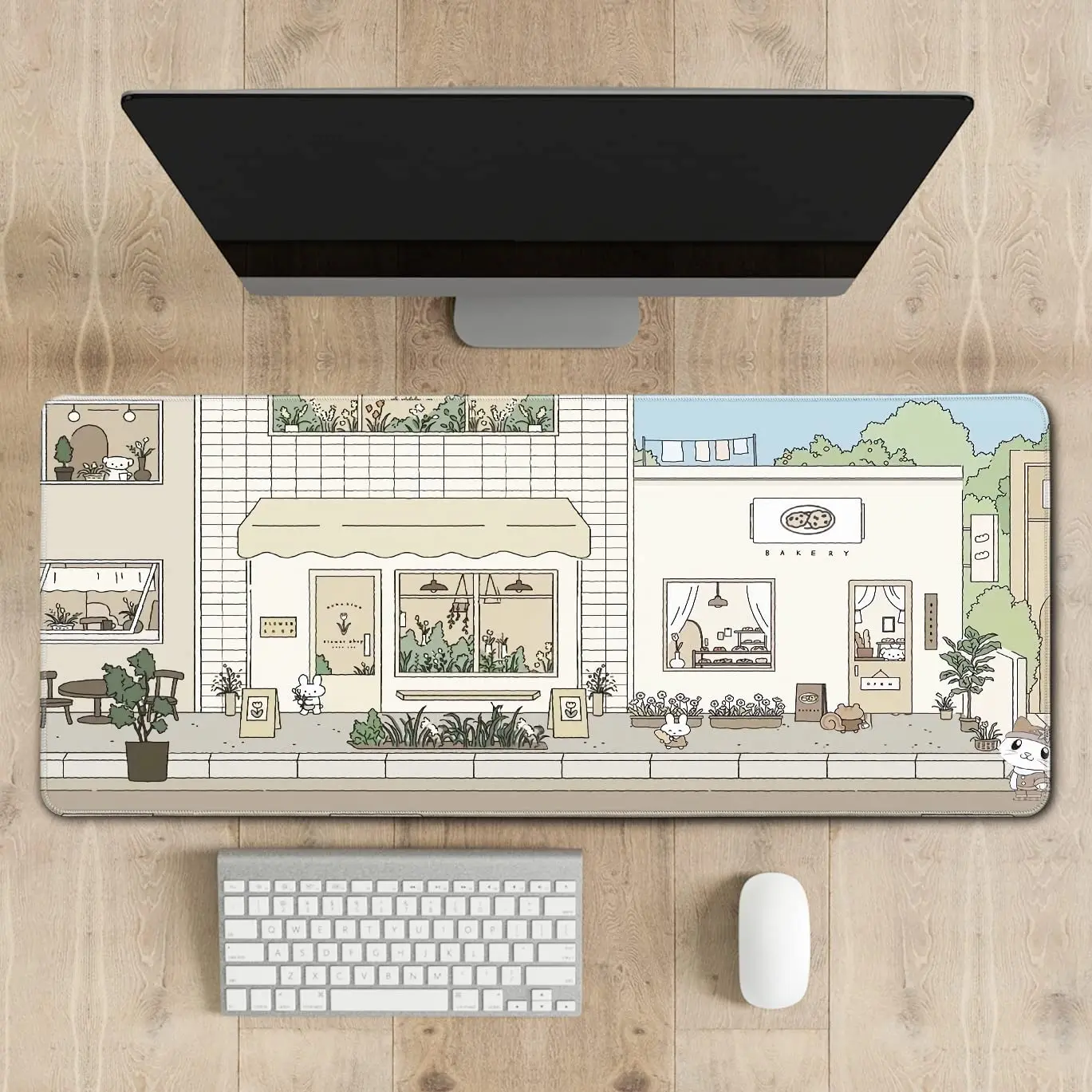 Cute Bakery Desk Mat Kawaii Mousepad, Cute Japanese Anime Street Aesthetics  Gaming Desk Pad XXL, Pastel Brown and Green Plants Mouse Pad Office Decor