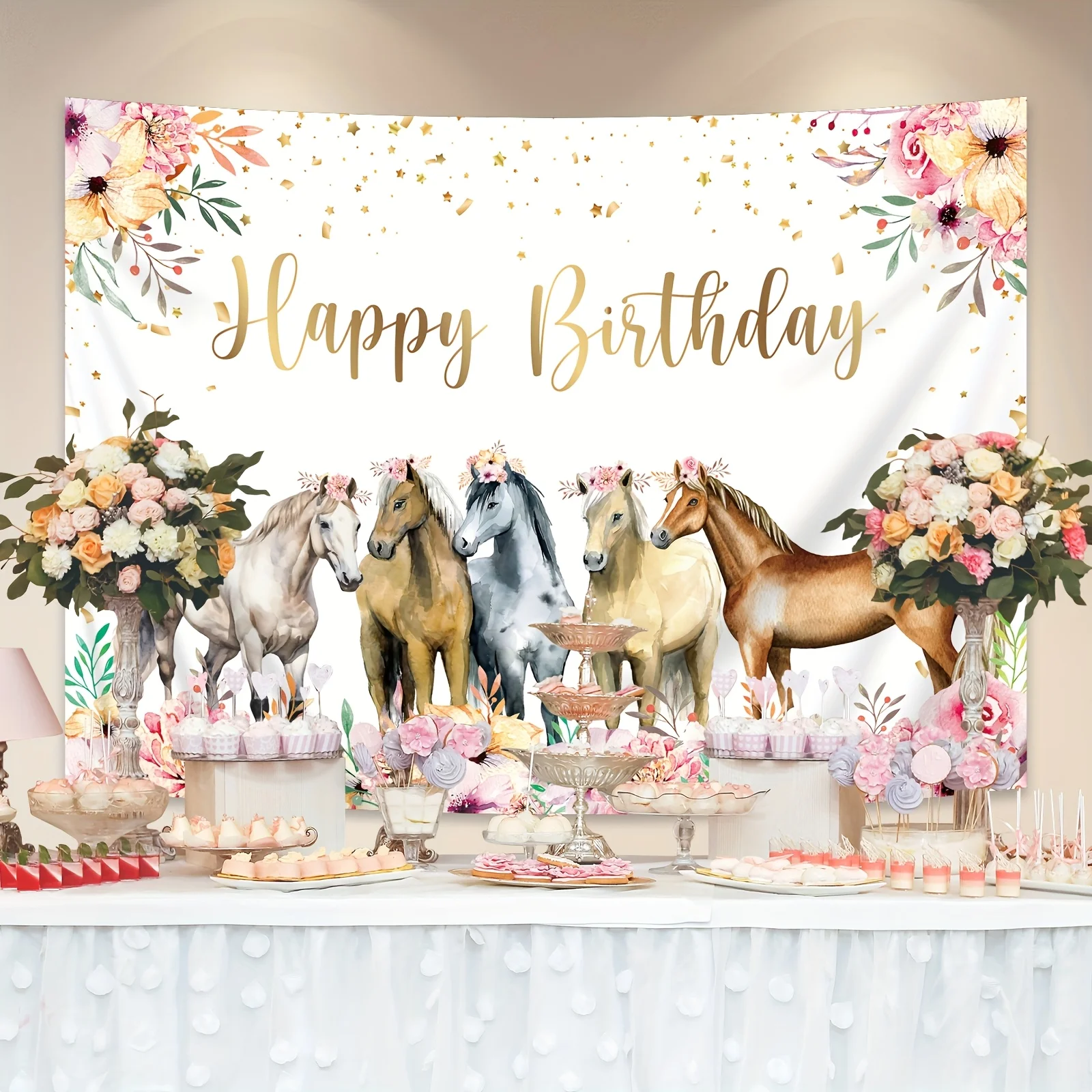 1 STÜCK – Alles Gute zum Geburtstag Pferd Hintergrund Western Cowboy Aquarell Blumen Gold Stern Aufkleber Foto Party Dekoration Banner