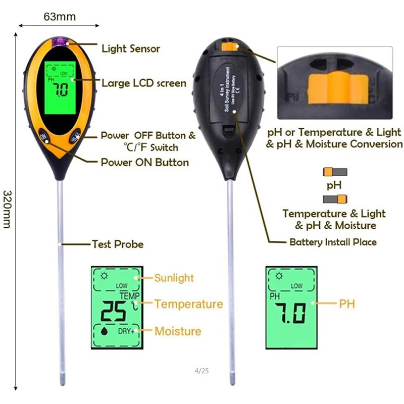 Soil PH Tester 4 In 1 PH Light Moisture Acidity Tester Soil Tester
