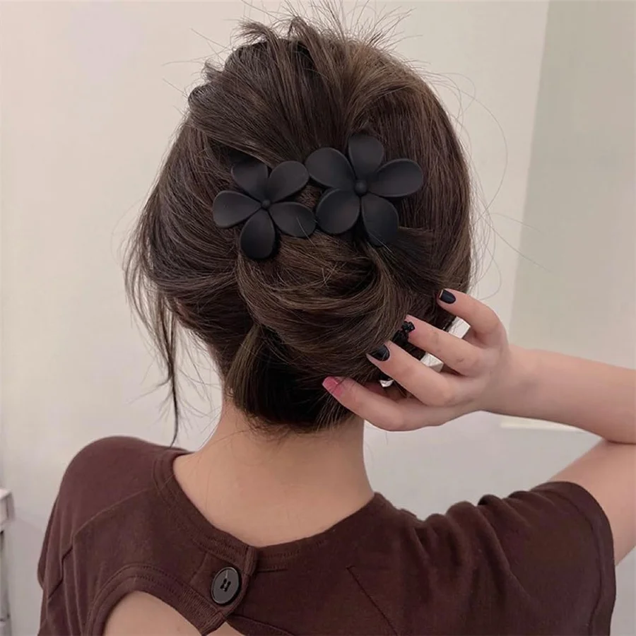 4pcs French-Style/Bohemian Flower hair clips,Non-Slip Matte Hairpins with Black Blooms, Elegant Bun Accessories for Women