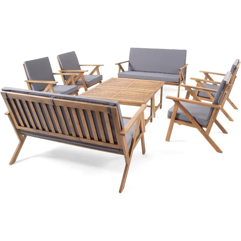 

Christopher Knight Home Panama Outdoor 8 Seater Acacia Wood Chat Set with Coffee Table, Teak and Dark Gray