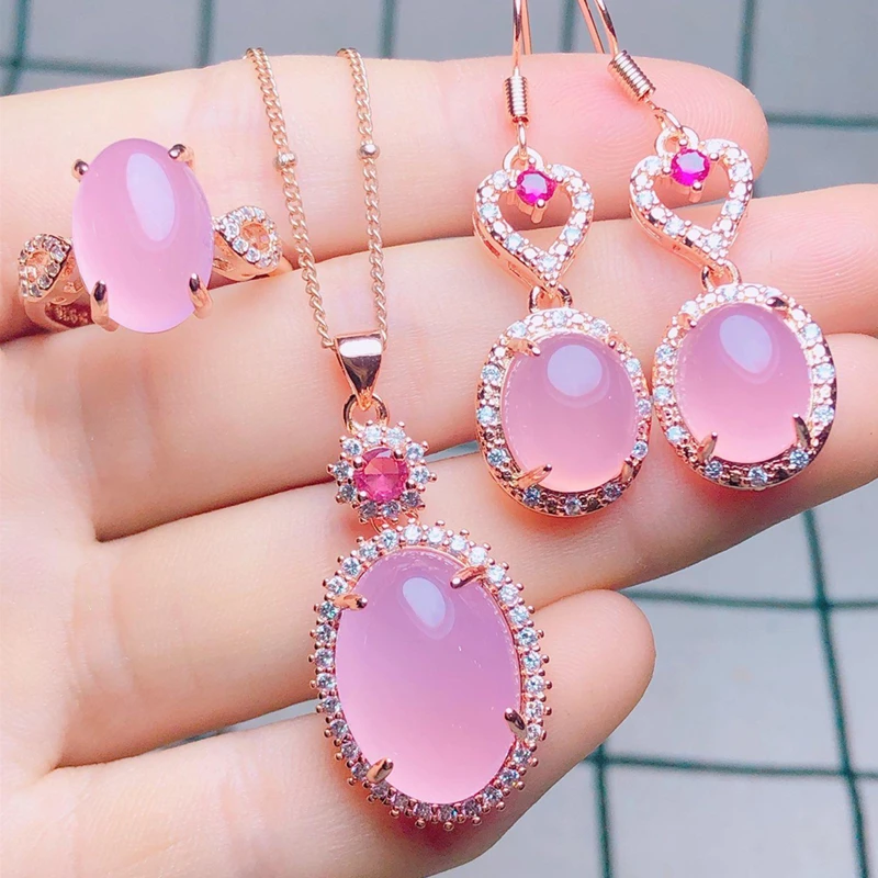 Natural chalcedony set of three 925 silver inlaid necklace pendant ring earrings exquisite jewelry style