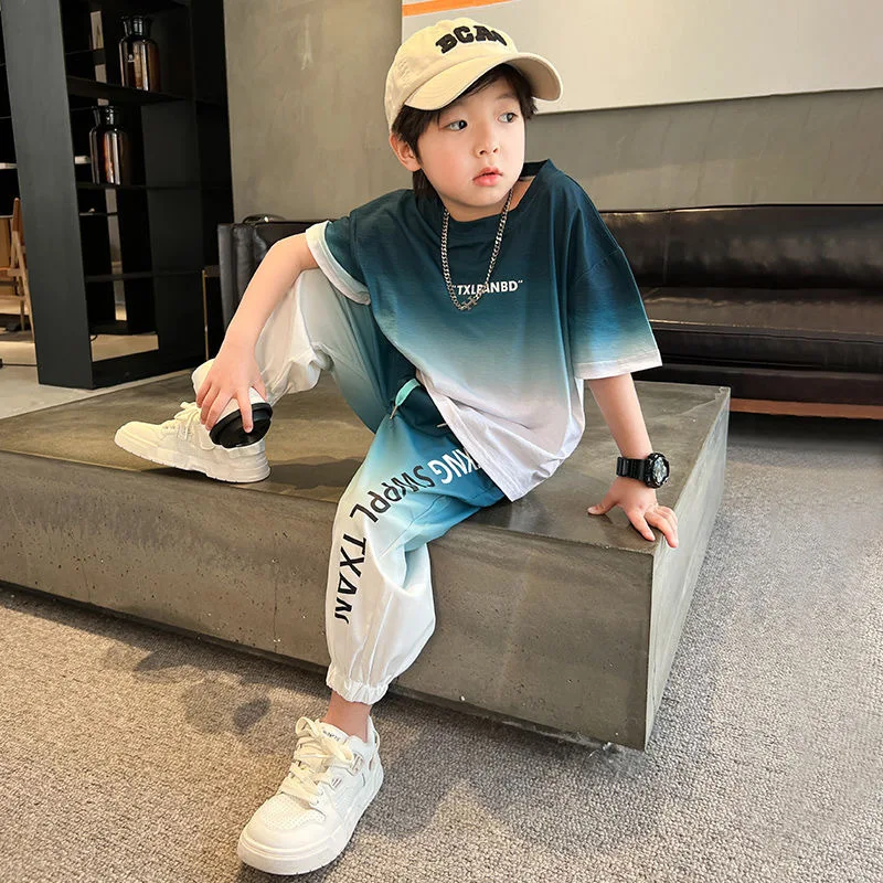 

2024 Summer teenager Boys Sports Suit Letter T Shirt + hip hop shorts Pants Kids Clothes Tracksuit 4 5 6 7 8 9 10 11 12 Years