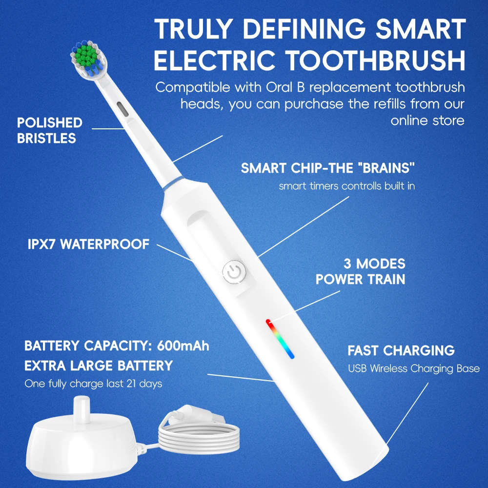 Smart Wireless Charging Rotating Electric Toothbrush, Rechargeable Toothbrushes with 6 Heads, Compatible with Oral B Brush Heads