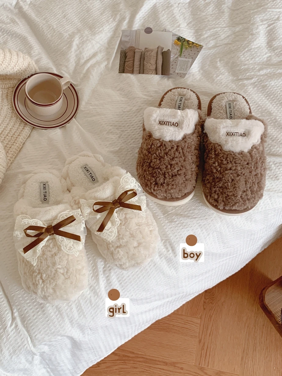 Women Cotton Home Slippers For Men's Winter 2023 Korean Color Matching Indoor Household Anti-skid And Warm Couple Plush Shoes