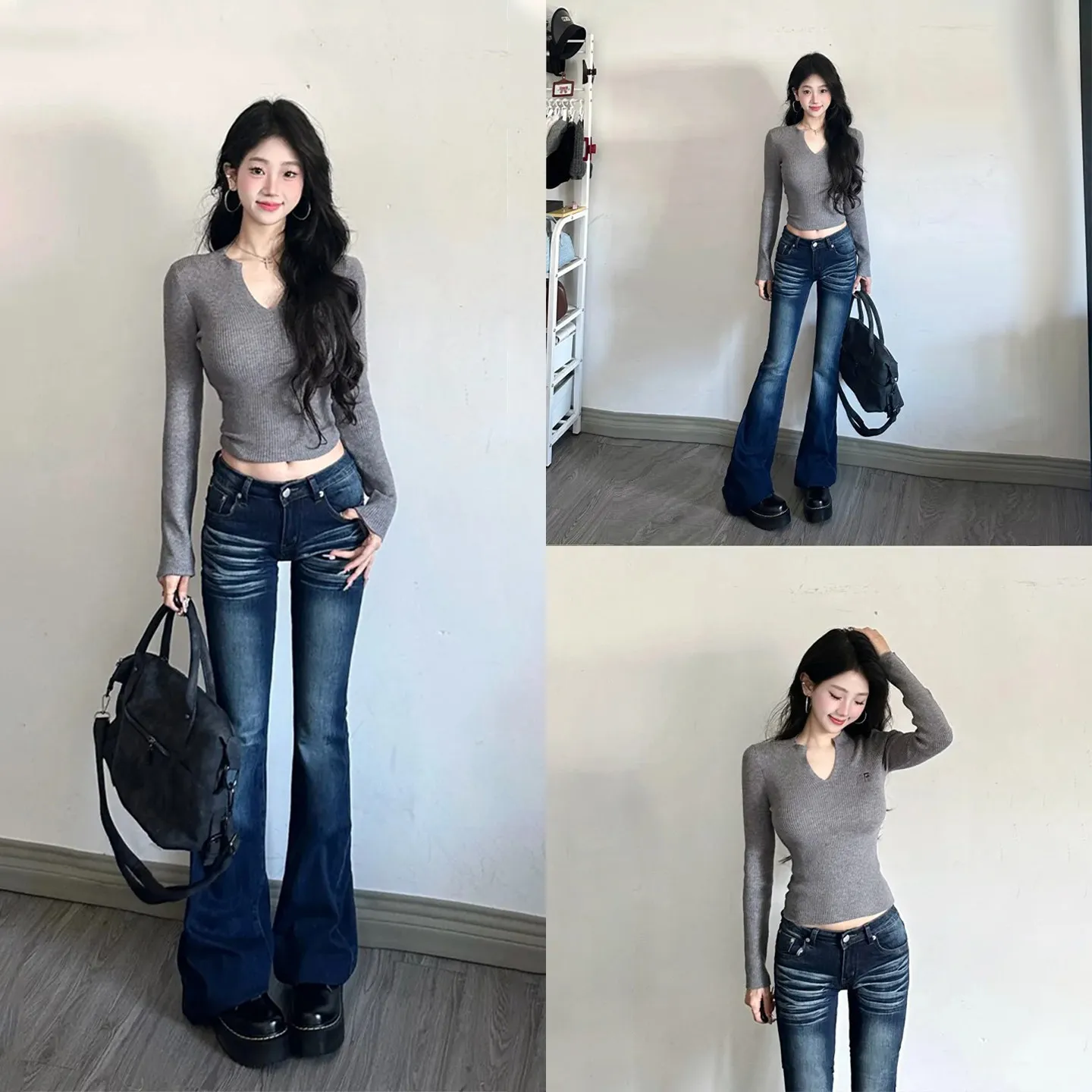 Retro American Low Waist Bell Bottom Jeans Women's Fashionable Wear Resistant Cotton Stretch Denim mid Rise Autumn New Style