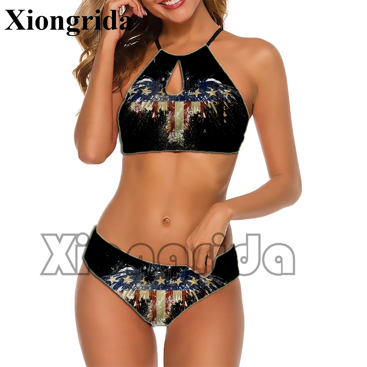 

Sexy USA Flag Print Bikinis Set Slim Stars and Stripes 2 Pieces Swimsuit American Flag Print Halter Backless Swimwear Beachwear