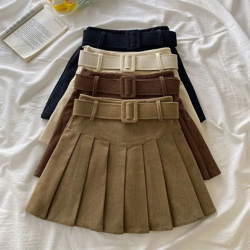 

Faux Suede Mini Skirt for Women A Line Skater Belt Tie High Waist Flared Stretch Skirts Solid Color Korean Style Skirts