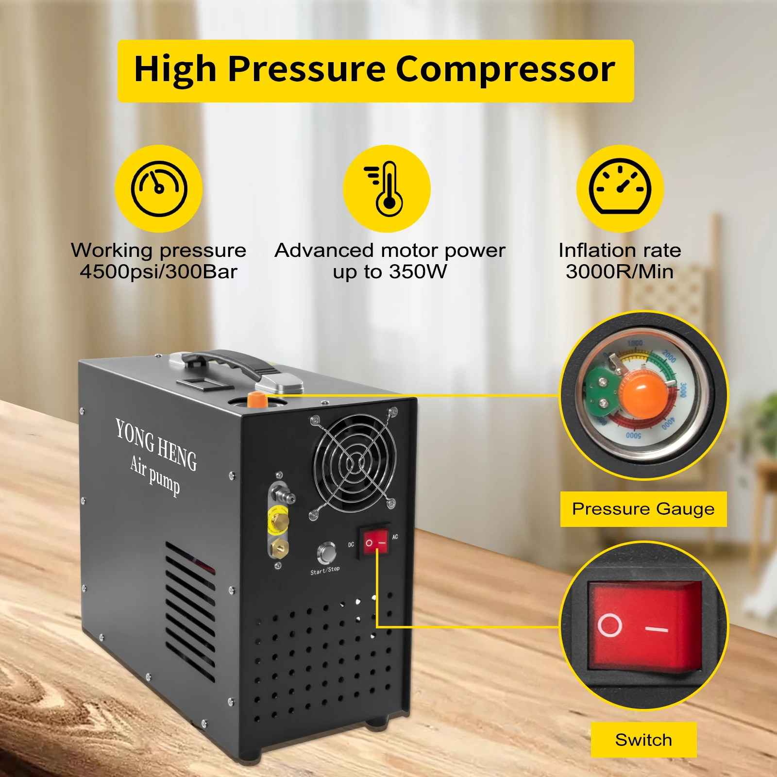 YONGHENG 4500Psi 300Bar 12V PCP 공기 압축기 고압 압축기 자동 정지 내장 12V 전원 어댑터 다이빙 PCP 소총