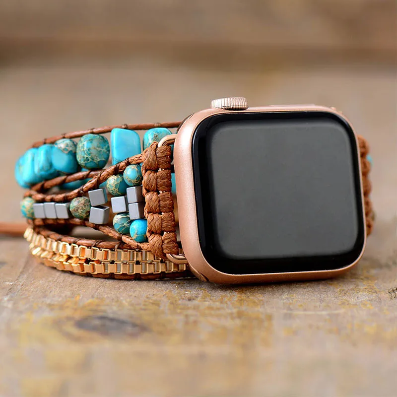 Standout Natural Stone Aple Men Women Watch Band Beads Boho 3X Wrap Vegan Rope Watch Strap Wrist Band Bracelet Accessories