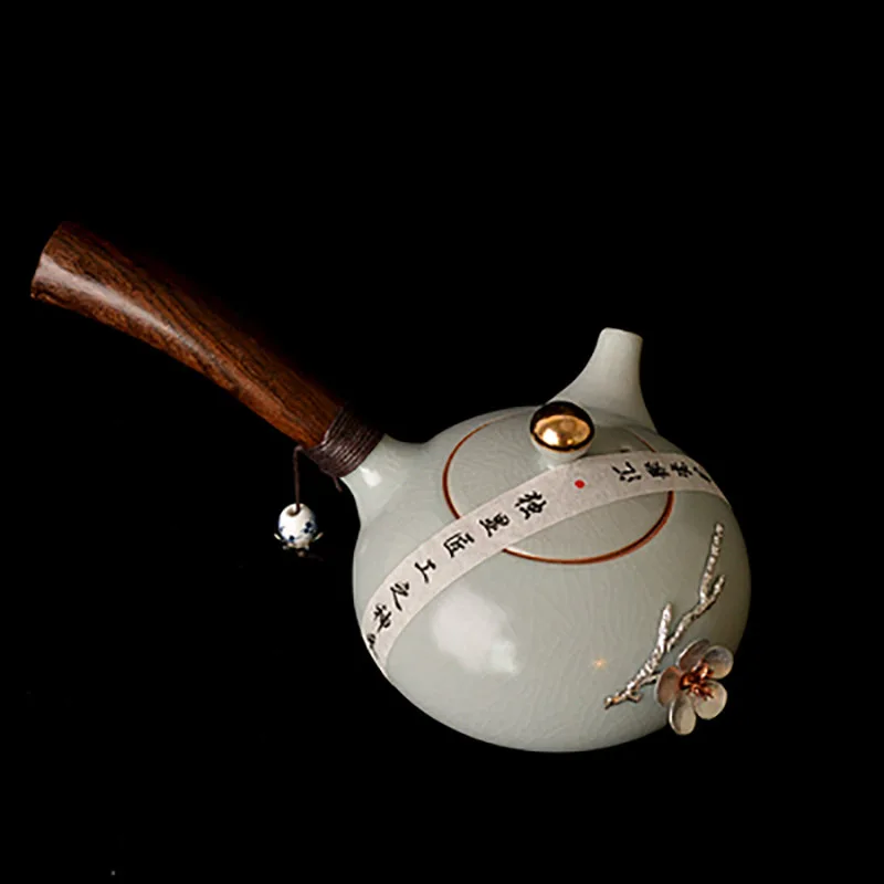 Ru Kiln Teapot Handheld Tea Infuser Pot with Wooden Side Handle, Tea Kettle, Ceramic Cups Tray, Household, Home, Office Access