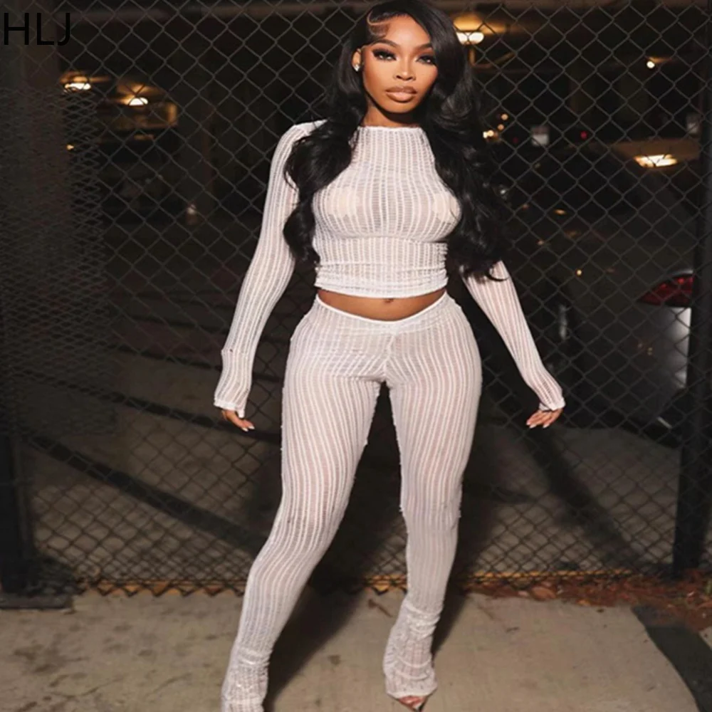 

HLJ White Sexy Solid Color Mesh Perspective Ruched Two Piece Sets Women Round Neck Long Sleeve Crop Top And Skinny Pants Outfits