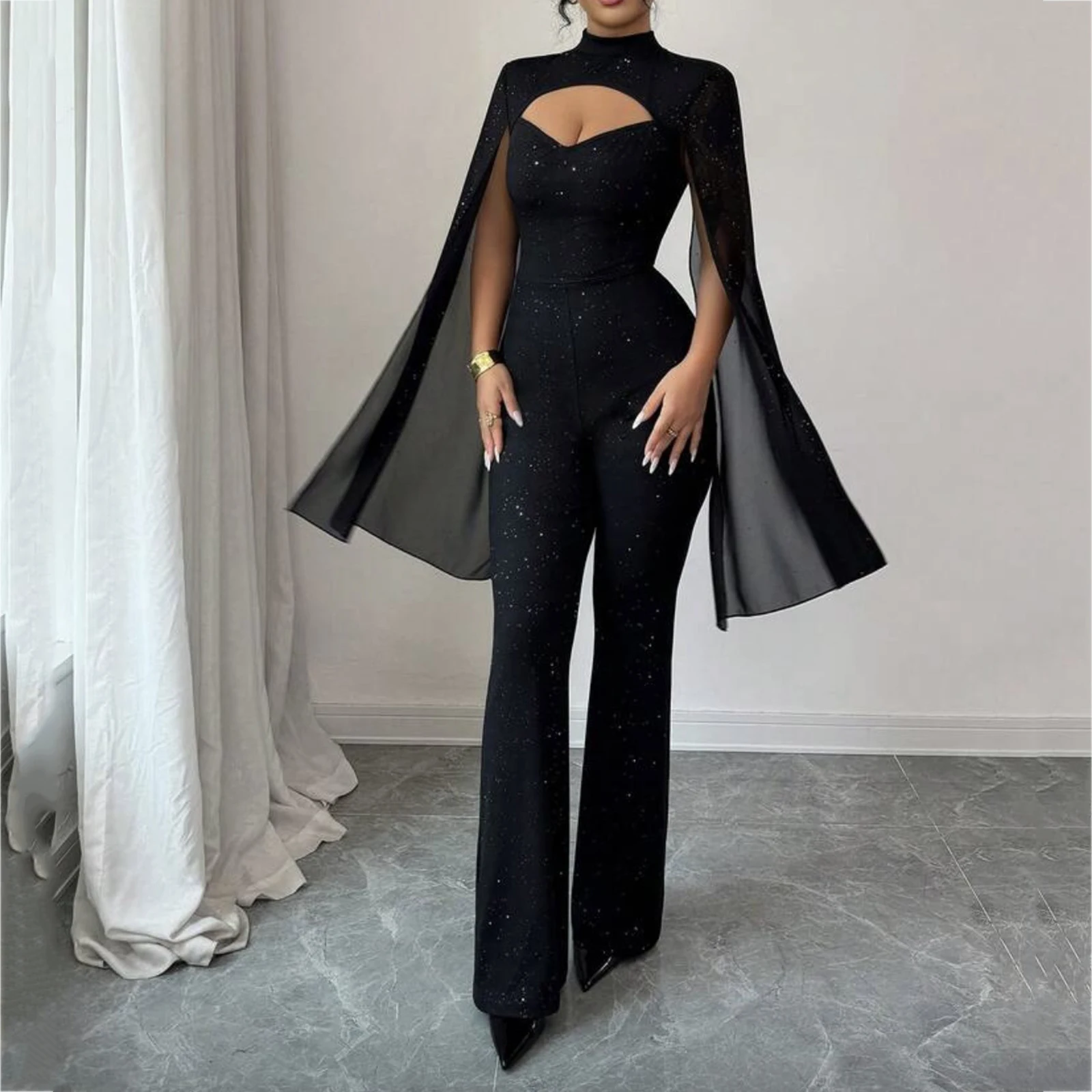 Women's Sexy Ribbed Cape Bodycon Jumpsuit, Sexy Party Hollowed Out Sparkling Slim Fit Jumpsuits, Casual Fashion Black Jumpsuit
