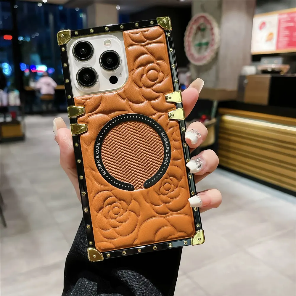 Fashion 3D Flower Leather Plating Square Case For Magsafe iPhone 13 14 Plus 12 11 15 Pro Max Wireless Charging_voghion.com