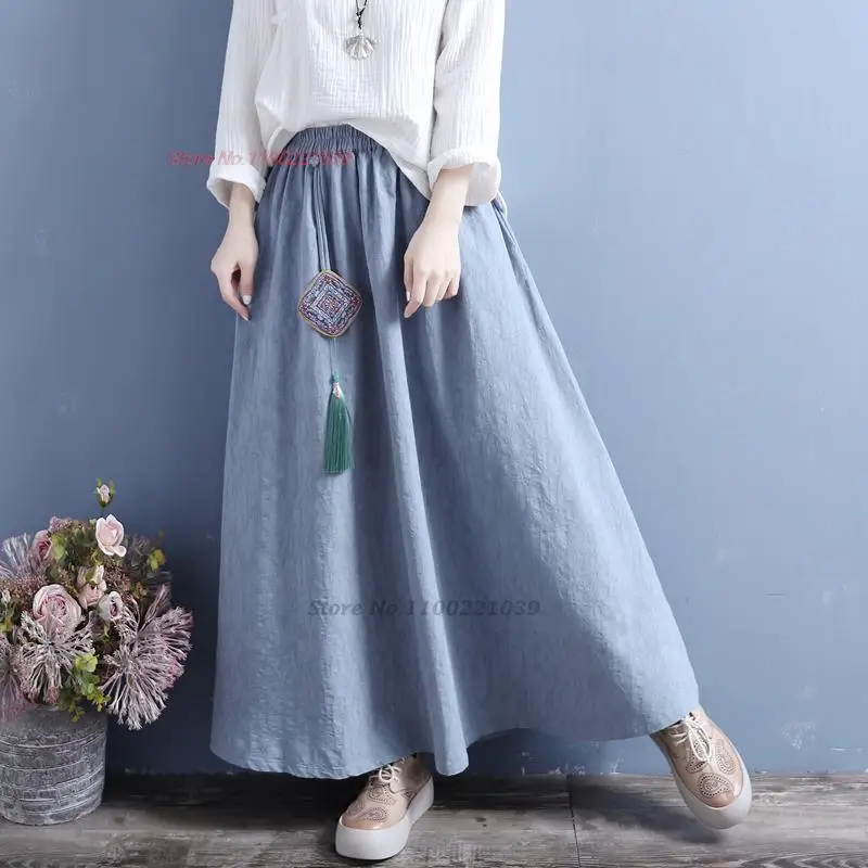 

2023 chinese vintage skirt flower embroidery tassels skirt retro loose skirt women traditional elastic waist folk long skirt