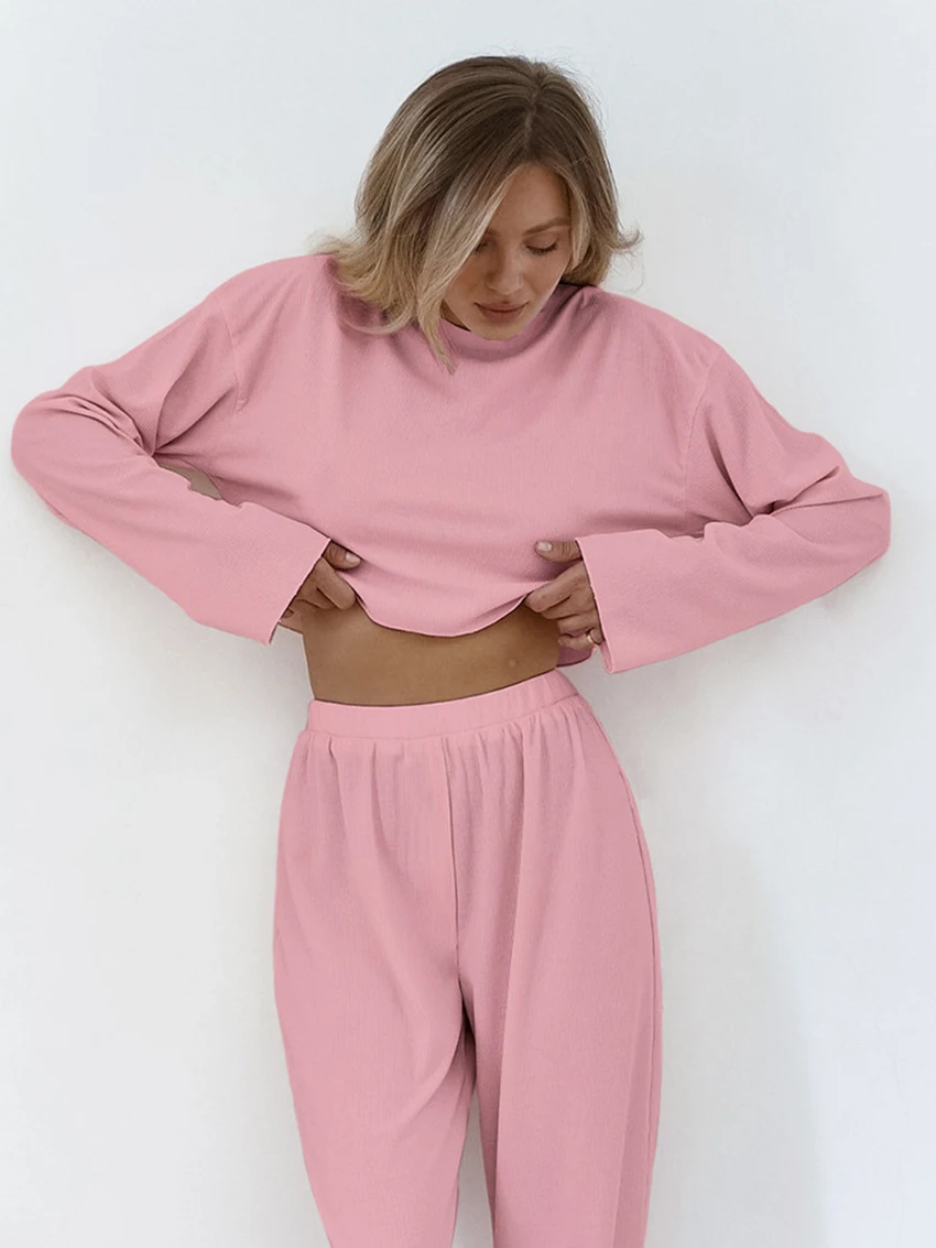 Marthaqiqi Loose Ladies Nightwear Suit Crop Top Sleepwear O-Neck Nightgowns Long Sleeve Pajamas Pants Women Nightie 2 Piece Set