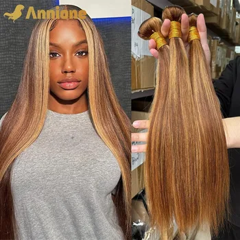 12A Highlight Straight Bundles Human Hair Bundles P4/27 Colored Ombre Honey Blonde Bundles Brazilian Hair Extensions Form Women 1