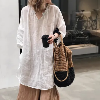 Summer Autumn Loose Blouse Women Shirts Fashion Female Long Sleeve Cotton and Linen Blouse Pullover Tops Casual Shirts 1