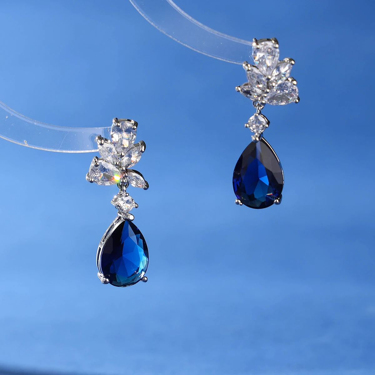Elegant Sapphire Blue Cubic Teardrop Earrings for Wedding Parties