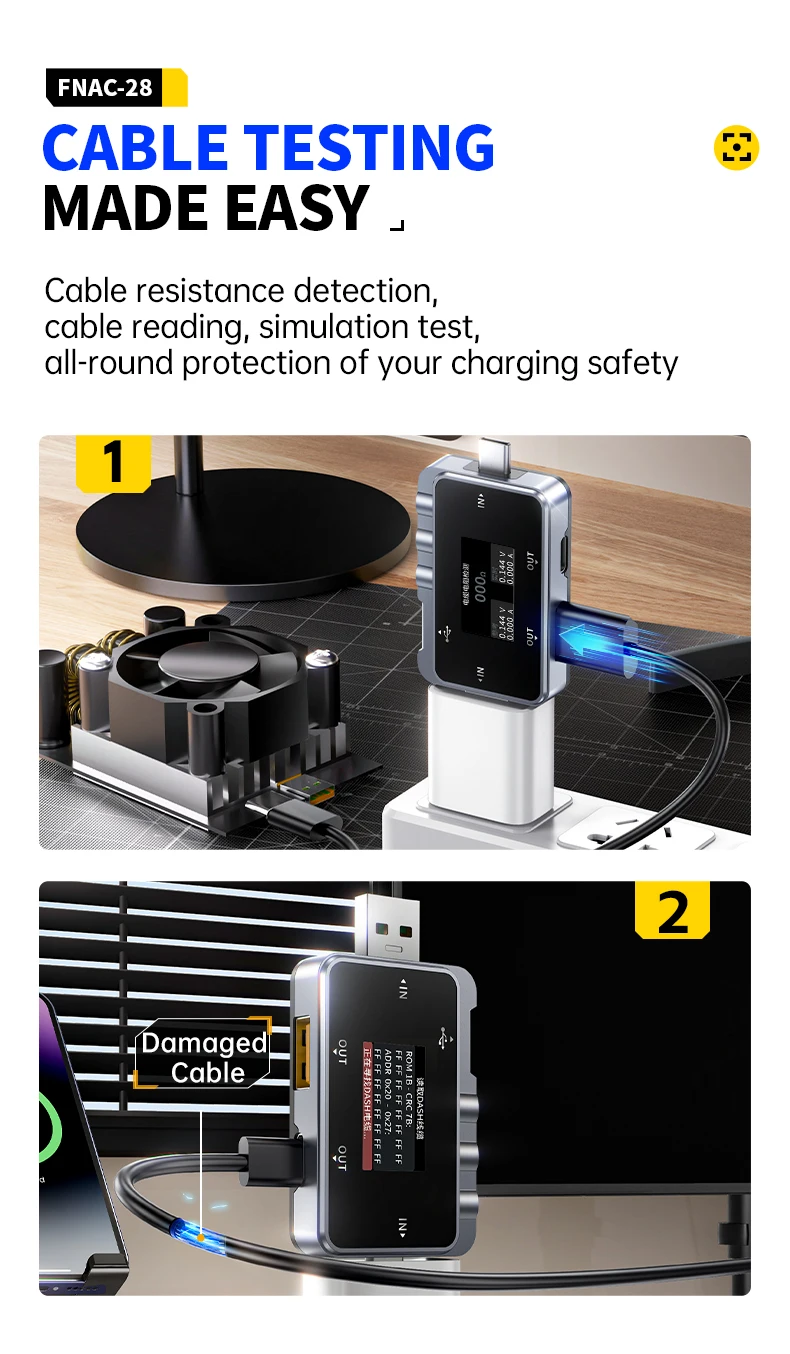 FNAC-28 тестер USB Type-C 2 в 1, цифровой амперметр и вольтметр 6.5А