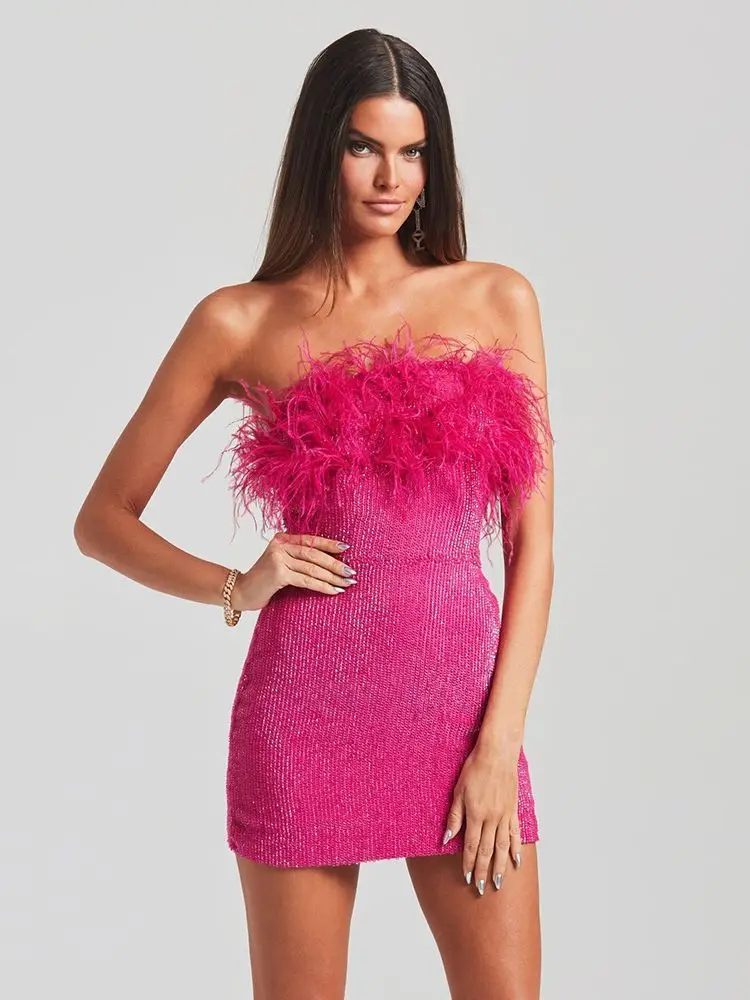 

Sexy Strapless Sequins Feather Bodycon Mini Dress Elegant Purple Shiny Sequin Luxury Evening Dress Women Party Cocktail Dresses