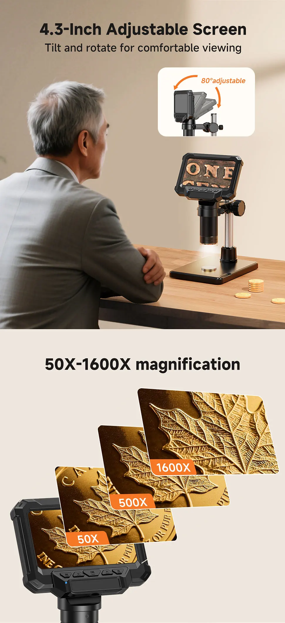 4.3inch Microscope Digital Coin Microscope 1600X Coin Magnifier with Lights 1920