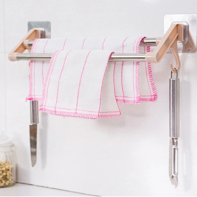 1PC Stainless Steel Towel Rack Double Rod Towel Bar Wall Mounted Holder Storage Shelf Bathroom Accessories BathroomStorage