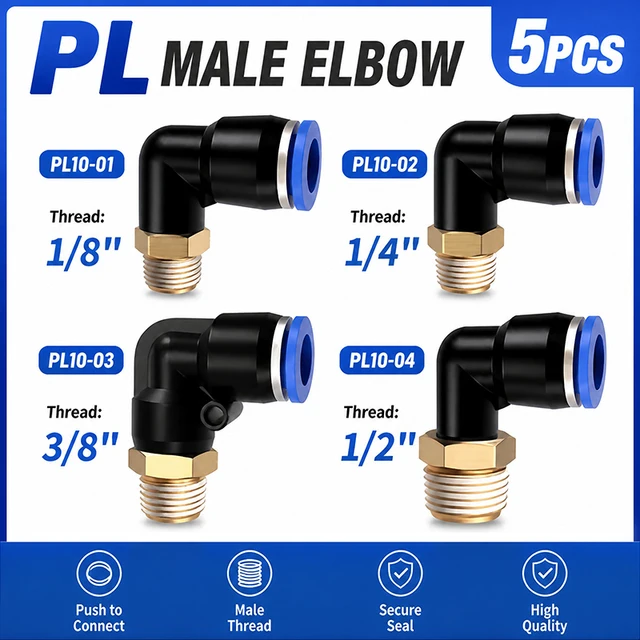 5PCS PL Series Straight Pneumatic Fittings - 10mm Hose to 1/8" 1/4" 3/8" 1/2" Thread Air Pipe Quick Connector for Compressor 1