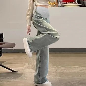 2025 Spring Maternity Denim Trousers Wide Legs Pregnant Woman Straight Trousers Vintage Pregnancy Straight Pants Casual Jeans