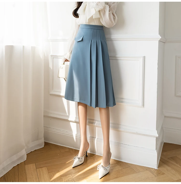 High Waist A-line Skirts Women New Arrival 2022 Fashion Korean Style Solid Color All-match Ladies Elegant Pleated Skirt W1020 black leather skirt