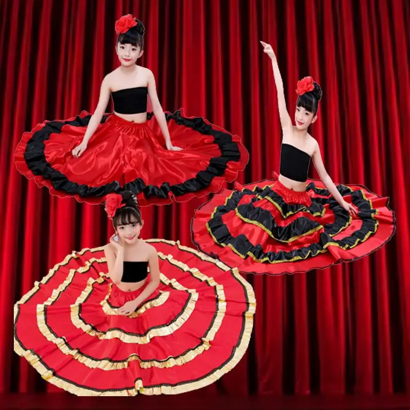 Kids Flamenco Skirt Spanish Traditional Dance Dress Gypsy Style Stage Performance Costume Belly Dance Costume