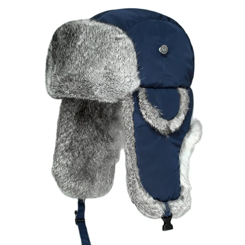 Russia Winter Real fur Hat Men Outdoor Windproof Super Warm Real Rabbit Fur Bomber Hats Natural Soft Natural Rabbit Fur Caps