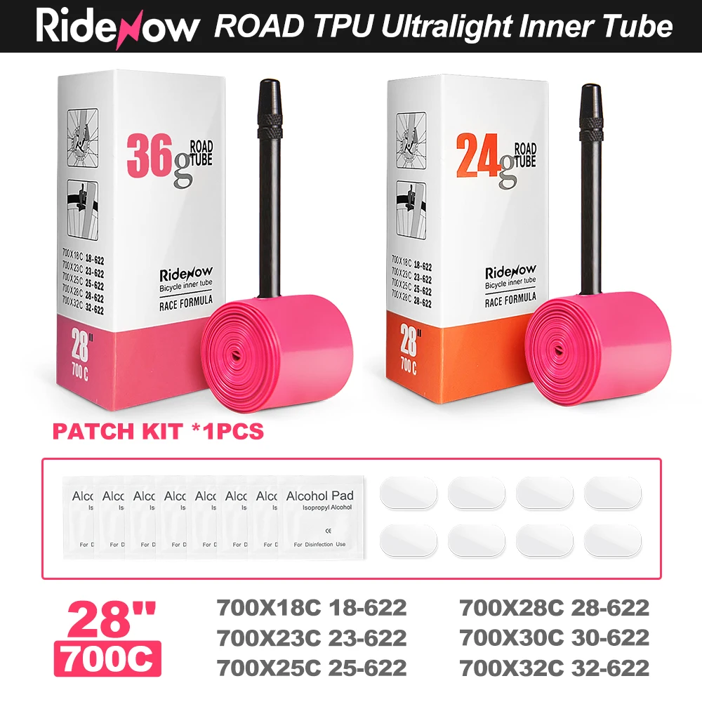 

RideNow Ultralight Bike Inner Tube 700C x 18 25 28 32c Road Bicycle TPU Tire 45/65/85mm Length French Valve Super Light Tube