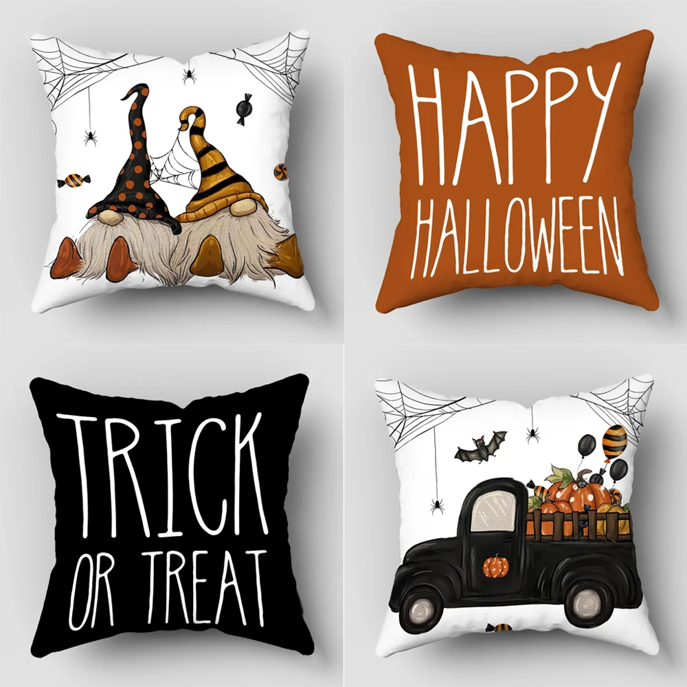 Set of 4 Halloween Throw Pillow Covers - Ghost, Pumpkin, and Bat Designs