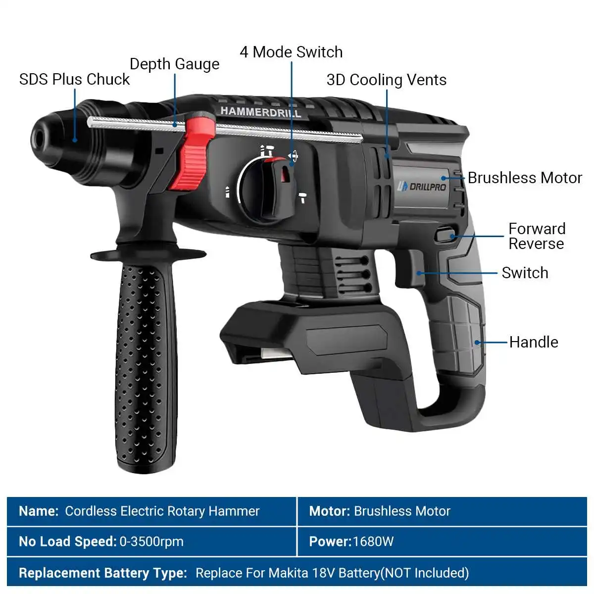 Drillpro 26MM Brushless Electric Hammer Drill Electric Impact Drill Multi-function Cordless Rotary Tool For 18V Battery 3