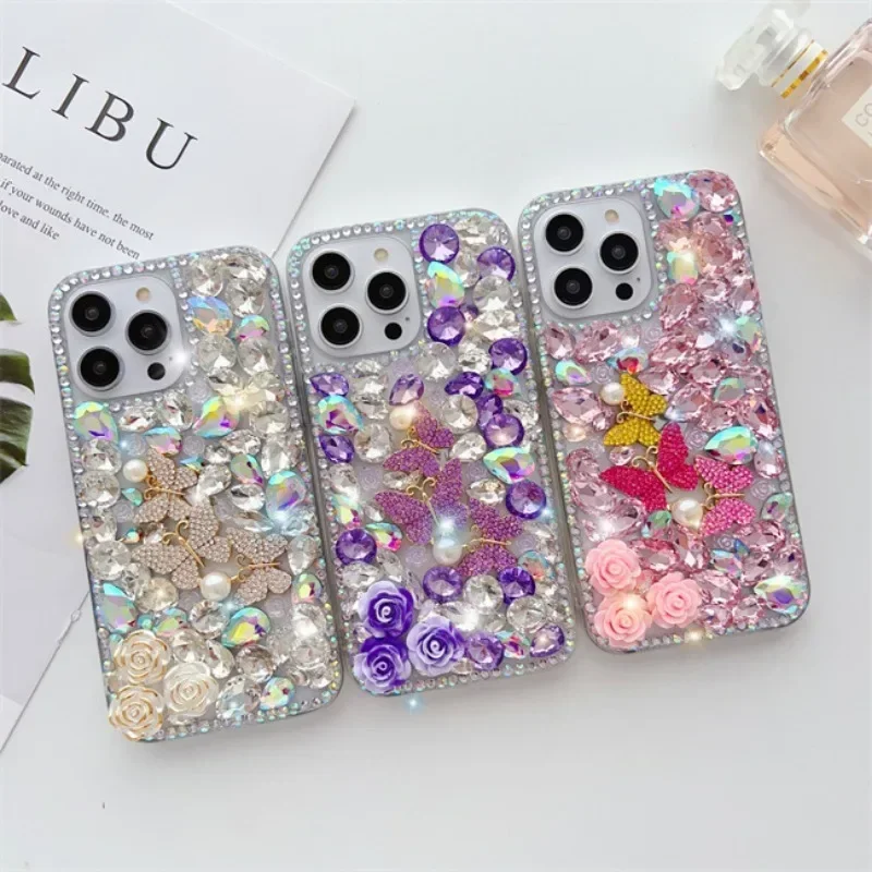 Luxury Bling Diamond Butterfly Flowers Rhinestone Case Capa For HuaweiP30 P50Pro P40lite Mate30 40 For Honor8X 9X 50 60Pro Cover