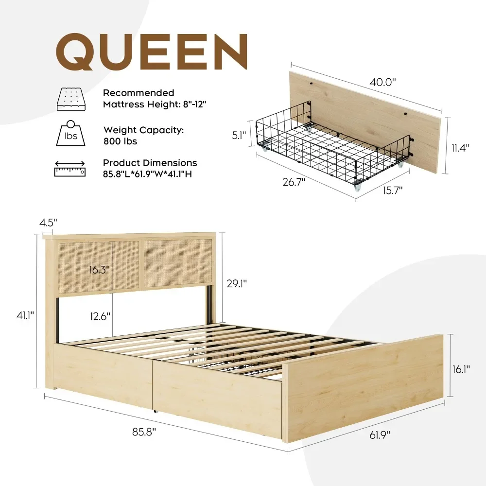 Rattan Queen Size Bed Frame with Wooden Headboard and 4 Storage Drawers, Platform Bed, No Box Spring Needed 6