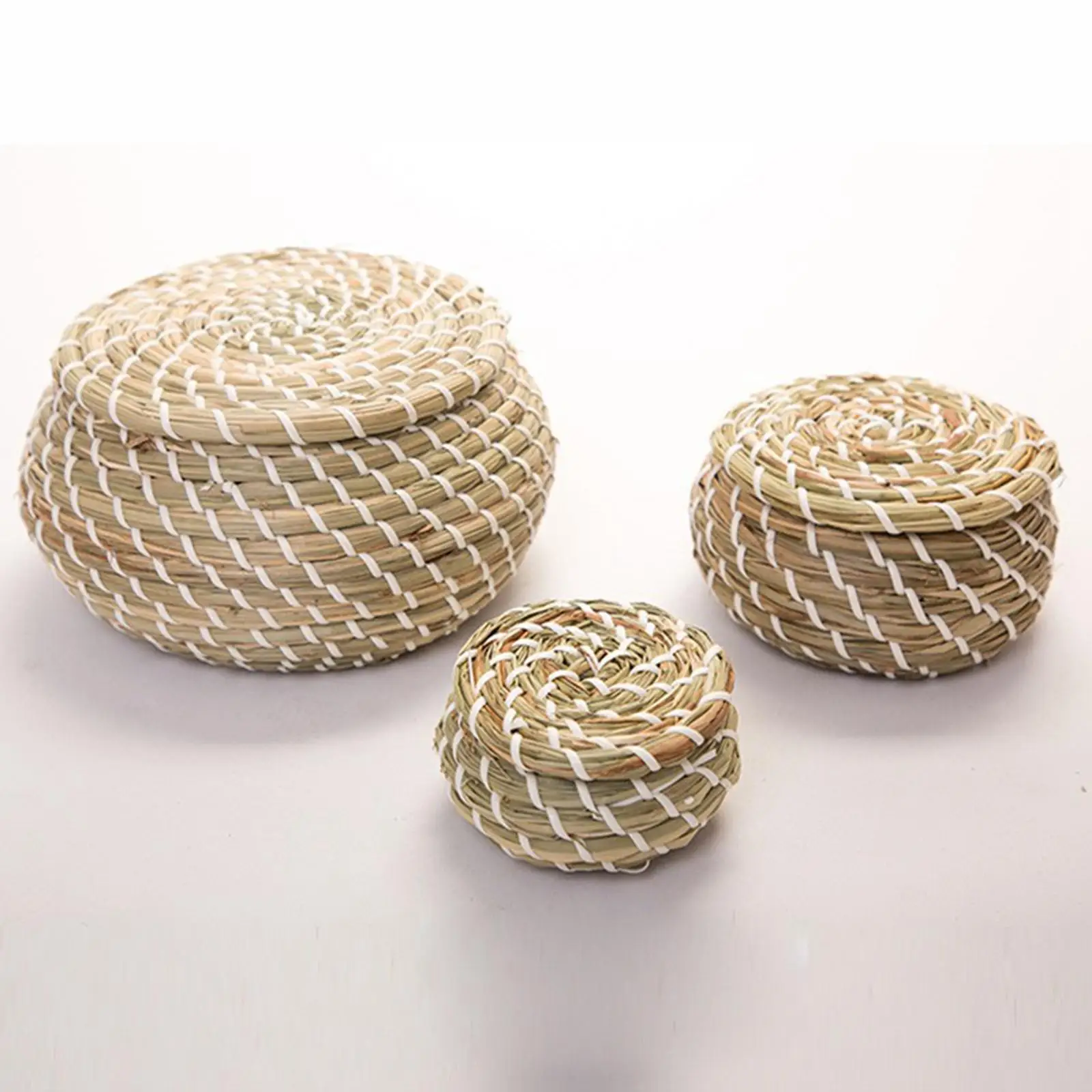 Handmade Storage Baskets 3Pcs with Lids Jewelry Storage Bin Wicker Basket Lid Kitchen Fruit Keys Bathroom Desktop
